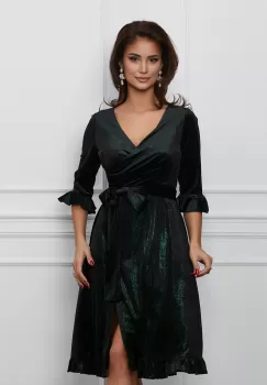 Rochie Ella Collection Arina neagra din catifea cu fir lurex verde si cordon in talie imagine