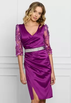 Rochie Ella Collection Atena magenta cu maneci din dantela si cordon in talie imagine