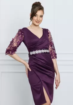Rochie Ella Collection Atena mov cu maneci din datela si cordon in talie imagine