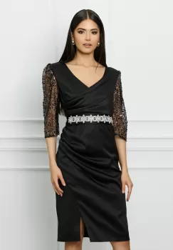 Rochie Ella Collection Atena neagra cu maneci din dantela si cordon in talie imagine