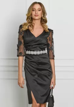 Rochie Ella Collection Atena neagra cu maneci din dantela si cordon in talie imagine