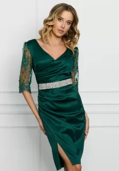 Rochie Ella Collection Atena verde cu maneci din dantela si cordon in talie imagine