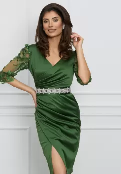 Rochie Ella Collection Atena verde cu maneci din datela si cordon in talie imagine