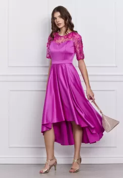 Rochie Ella Collection Brinda fucsia din tafta cu lungime asimetrica imagine