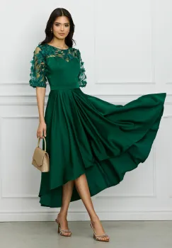 Rochie Ella Collection Brinda verde pin din tafta cu lungime asimetrica imagine