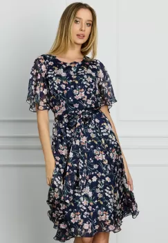 Rochie Ella Collection Celine bleumarin din voal cu flori si cordon in talie imagine