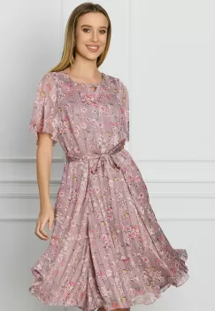 Rochie Ella Collection Celine roz din voal cu flori si cordon in talie imagine