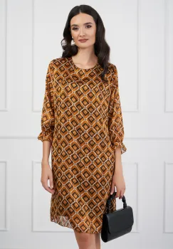 Rochie Ella Collection Dolores galben mustar cu insertii din fir lurex si imprimeuri imagine