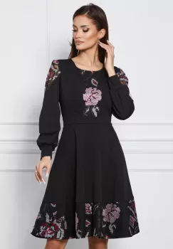 Rochie Ella Collection Ecaterina neagra cu broderie in nuante roz imagine