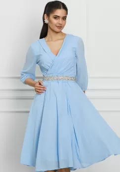 Rochie Ella Collection Julia bleu cu glitter si cordon cu strasuri imagine