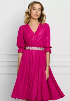 Rochie Ella Collection Julia fucsia cu fir lurex si cordon cu strasuri imagine