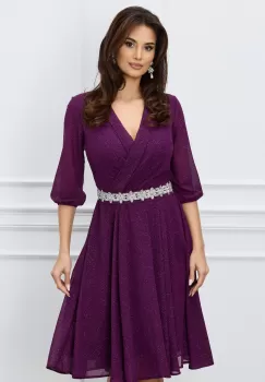 Rochie Ella Collection Julia magenta cu glitter si cordon stralucitor in talie imagine