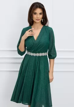 Rochie Ella Collection Julia verde cu glitter si cordon stralucitor in talie imagine