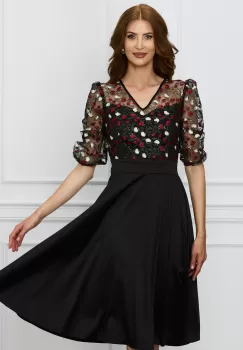 Rochie Ella Collection Maya neagra cu broderie florala pe bust imagine
