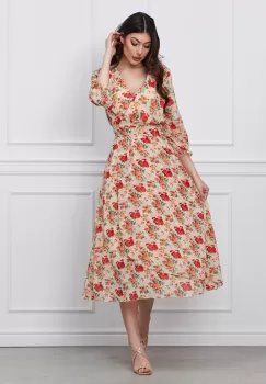 Rochie Ella Collection Olga ivory cu imprimeu floral corai si cordon in talie imagine