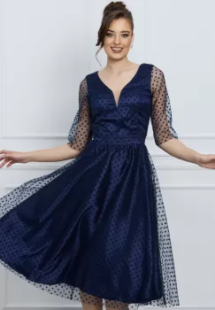 Rochie Ella Collection Reyna bleumarin cu buline catifelate imagine