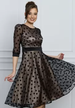 Rochie Ella Collection Samira neagra din organza cu buline si dublura bej imagine