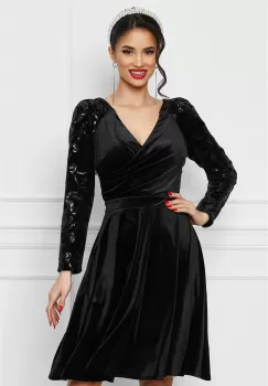 Rochie Ella Collection Sandi neagra din catifea cu paiete pe maneci imagine