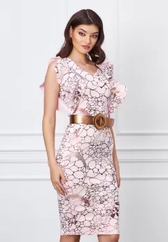 Rochie Elly roz din neopren cu imprimeu aramiu si curea in talie imagine