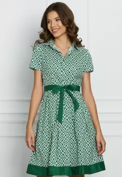 Rochie Emma alba cu imprimeuri verzi si cordon in talie imagine