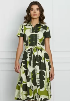 Rochie Emma kaki cu imprimeuri bej si cordon in talie imagine