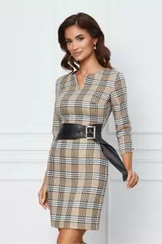 Rochie Emora bej cu imprimeu si curea in talie imagine