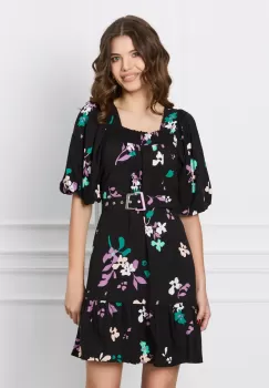 Rochie Felicia neagra cu imprimeuri si curea in talie imagine