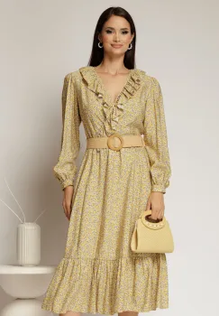 Rochie galben pal din stofa cu imprimeu floral si curea in talie imagine