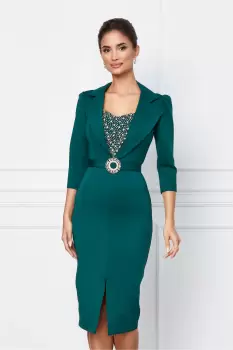 Rochie Georgina verde din neopren cu aplicatii metalice la bust si curea imagine