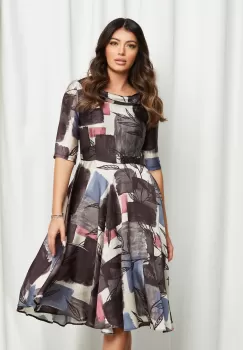 Rochie Gianina gri cu imprimeuri albastre si bej imagine