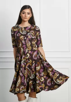 Rochie Gianina maro cu imprimeuri mov si galbene imagine