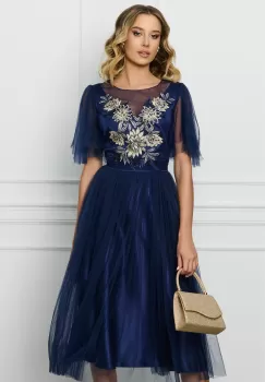 Rochie Gina bleumarin din tull cu broderie pe bust imagine