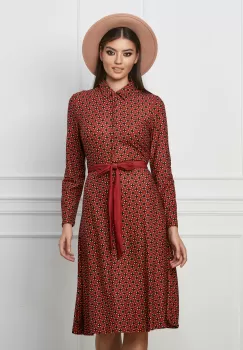 Rochie Gina bordo cu imprimeuri si cordon in talie imagine