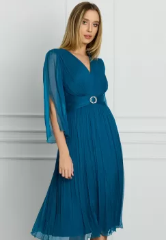 Rochie Ginette albastru petrol din matase naturala cu accesoriu in talie imagine