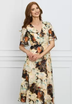 Rochie Ginette bej cu imprimeuri si aplicatii florale in talie imagine