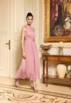 Rochie Ginette lila din tull din matase cu perle la decolteu imagine