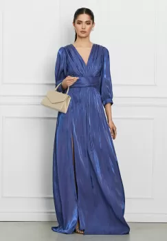 Rochie Ginette lunga albastru metalizat din voal satinat imagine