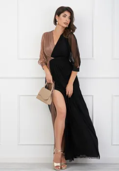 Rochie Ginette lunga negru-bej cu tull din matase naturala imagine