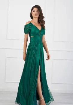 Rochie Ginette lunga verde cu tull din matase naturala imagine