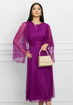 Rochie Ginette magenta din matase cu insertii din tull si strasuri la decolteu imagine