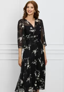 Rochie Ginette neagra cu imprimeuri si aplicatii florale in talie imagine
