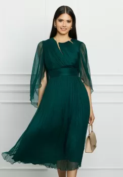 Rochie Ginette verde din matase cu insertii din tull si strasuri la decolteu imagine