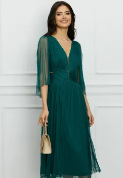 Rochie Ginette verde din tull de matase naturala cu insertii din tull transparent imagine