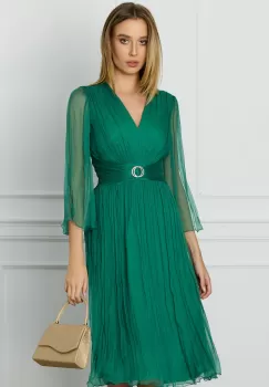 Rochie Ginette verde fistic din matase naturala cu accesoriu in talie imagine