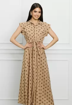 Rochie Hanna bej cu buline maro si cordon in talie imagine