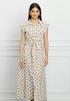 Rochie Hanna ivory cu buline maro si cordon in talie imagine