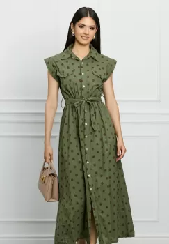 Rochie Hanna kaki cu buline maro si cordon in talie imagine