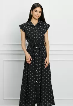 Rochie Hanna neagra cu buline gri si cordon in talie imagine