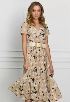 Rochie Ilinca bej cu imprimeuri negre si curea in talie imagine