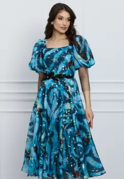 Rochie Ilona albastra cu imprimeuri aurii imagine